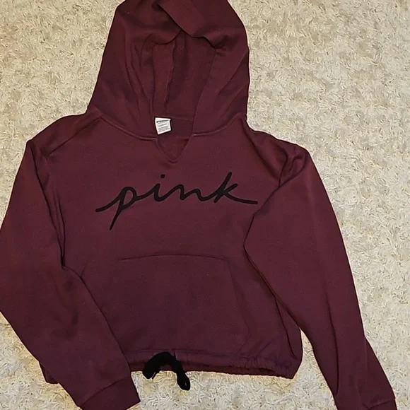Victoria's Secret PINK Dark Maroon w/ Black Writing Cropped Hoodie. - Picture 3 of 6